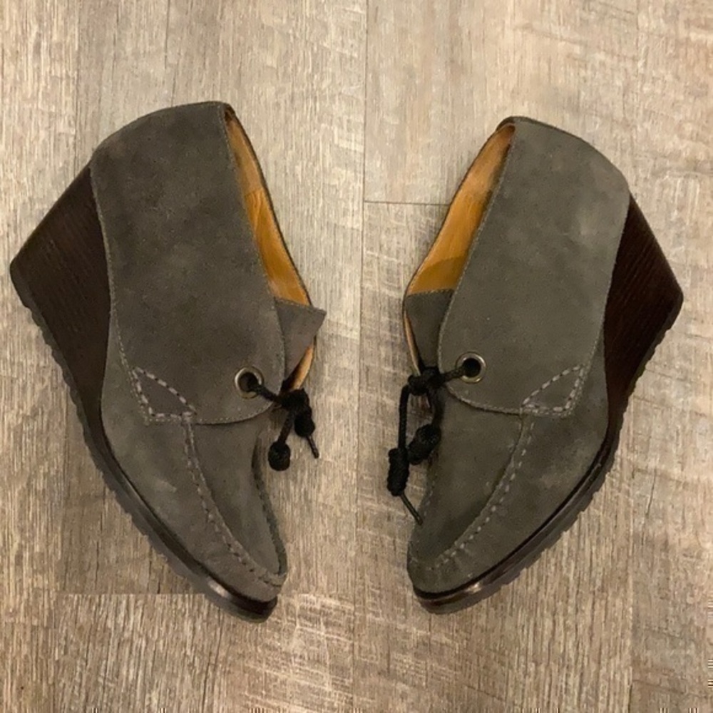 Cole Haan gray suede wedge bootie heels size 6